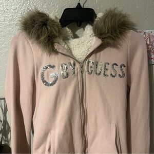 2000s Guess Blush Zip Up Jacket with Faux Fur Hood